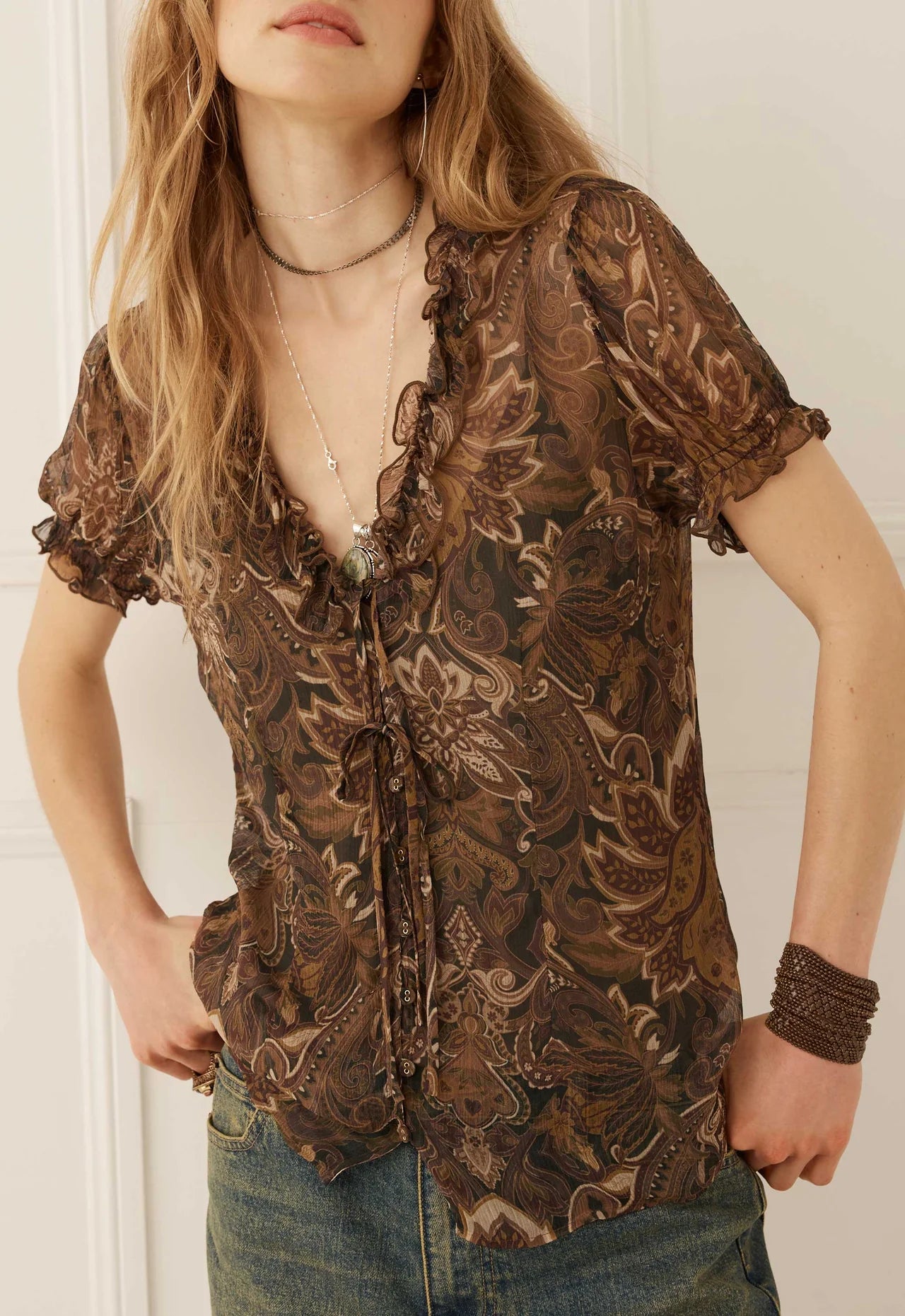 Spell Women’s Damask Short Sleeve Blouse in Walnut