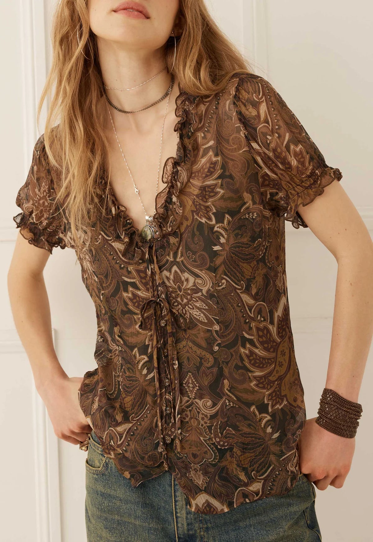 Spell Women’s Damask Short Sleeve Blouse in Walnut